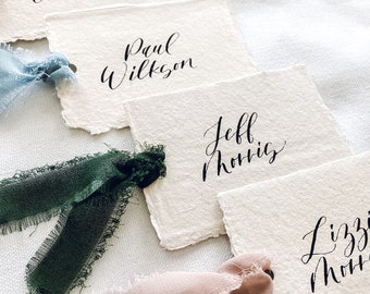 Handmade Paper Calligraphy Place Cards with Frayed Chiffon Silk-Like Ribbon, Gold or Black wedding place cards, Dusty Blue, Dusty Rose