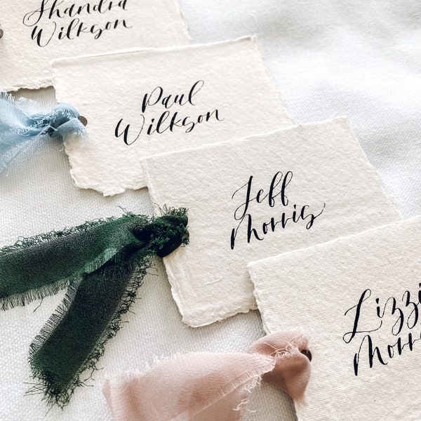 Handmade Paper Calligraphy Place Cards with Frayed Chiffon Silk-Like Ribbon, Gold or Black wedding place cards, Dusty Blue, Dusty Rose