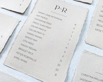 Hudson Collection - Alphabetical order seating chart cards - handmade paper seating chart - wax seal friendly on mirror
