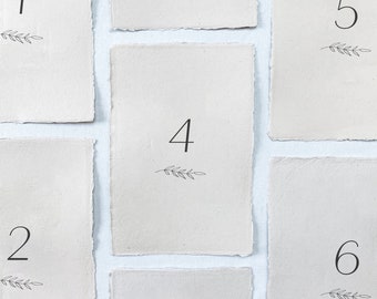 The Emily Collection: Printed wedding table numbers on handmade paper for a modern and minimalist wedding reception or rehearsal dinner