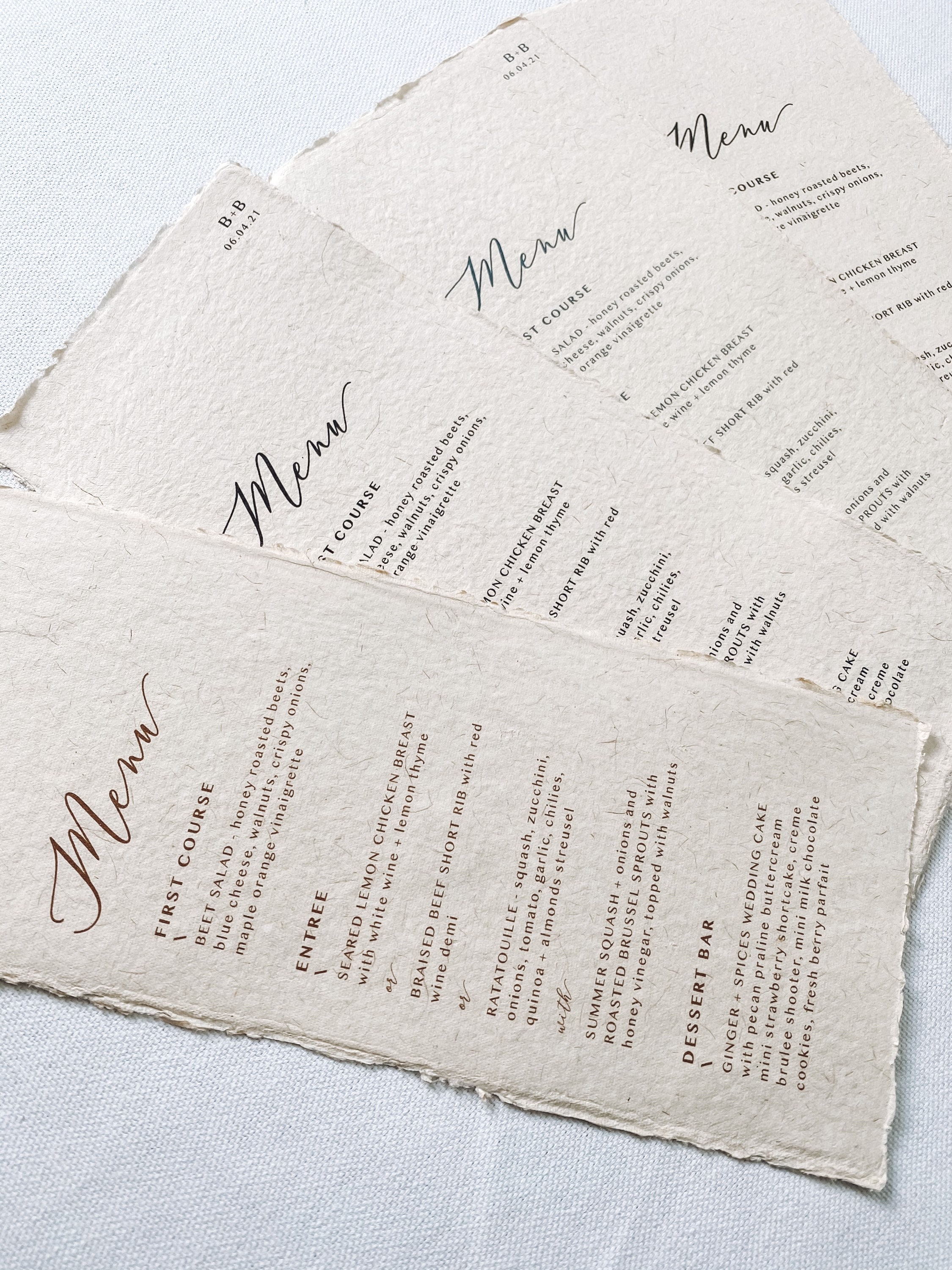 Hand Made Paper Menu Printed Wedding Menus on Handmade Paper Etsy