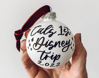 First Disney Trip Christmas Ornament, Hand painted glass milestone ornament, Personalized disney christmas ornament, first disney trip