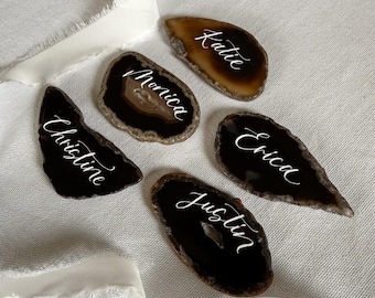 Dark Chocolate Brown Agate Wedding Reception Place Cards with Calligraphy