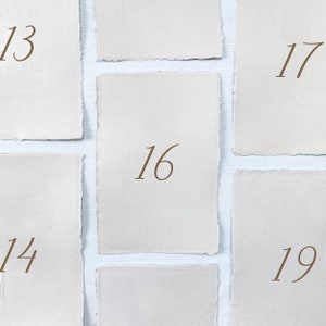 May include: Five white paper squares with numbers 13, 14, 16, 17, and 19 written on them.