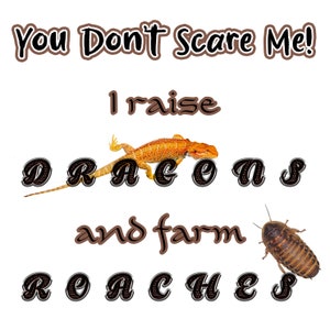 May include: A humorous image with the text "You Don't Scare Me! I raise DRAGONS and farm ROACHES."  A bearded dragon lizard is shown with the word "DRAGONS" in black letters. A cockroach is shown with the word "ROACHES" in black letters.