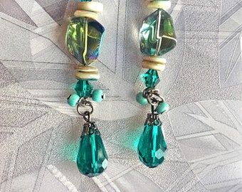 Turquoise Gass and Shell Earrings, Beach Boho Earrings, Faceted Glass, Colors of The Sea, One of a KInd