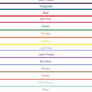 May include: A color palette featuring horizontal lines of various colors with their names underneath. Colors include black, navy, burgundy, dark purple, turquoise, red, hot pink, green, orange, yellow, light blue, light purple, sky blue, brown, peach, mint green, grey, light pink, and white.