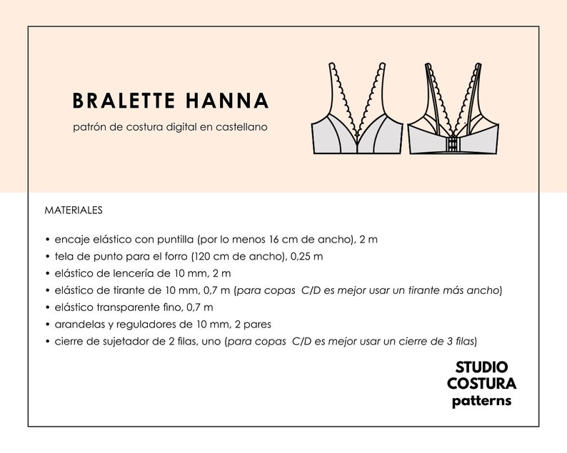 SPANISH PDF Digital Sewing Pattern, HANNA Bralette Lingerie Sewing Pattern image 2