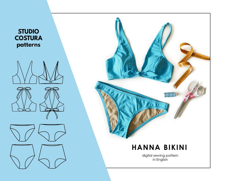 ENGLISH PDF Digital Sewing Pattern, HANNA Bikini Swimwear Sewing Pattern image 1