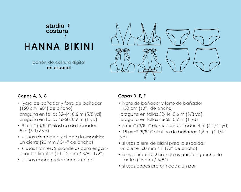 SPANISH PDF Digital Sewing Pattern, HANNA Bikini Swimwear Sewing Pattern image 3