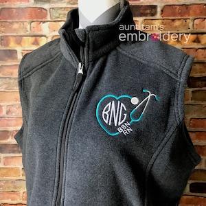 Personalized Stethoscope Heart Monogram Fleece Zippered Nurse Vest