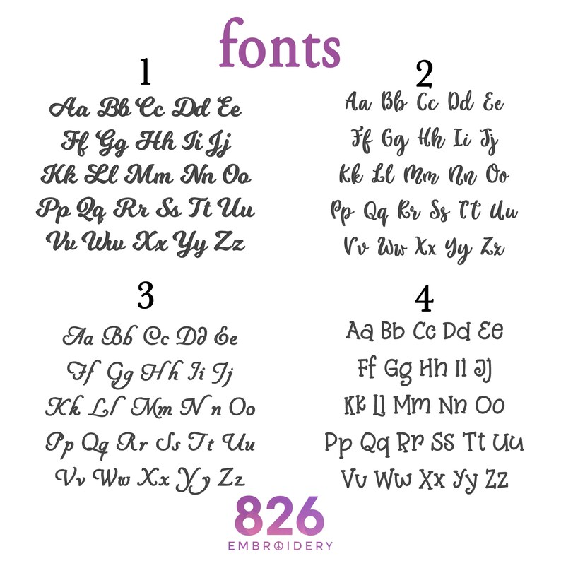Puede incluir: Imagen que muestra cuatro estilos de fuente diferentes, cada uno con el alfabeto. La palabra "fonts" est&aacute; escrita en p&uacute;rpura en la parte superior. El n&uacute;mero "826 EMBROIDERY" est&aacute; en la parte inferior.