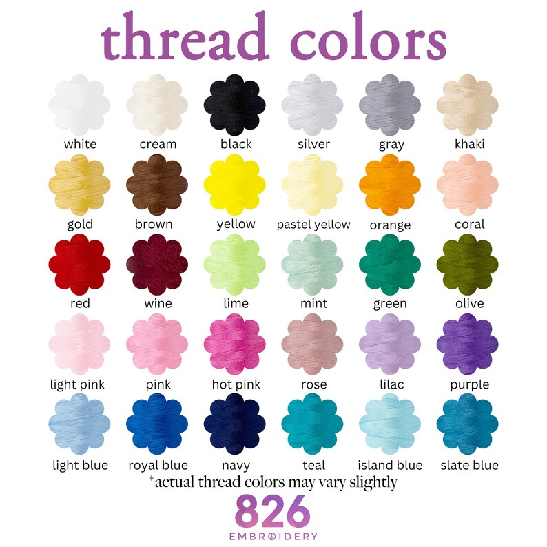 Puede incluir: Una carta de colores que muestra una variedad de colores de hilo de bordar. La carta incluye tonos de blanco, crema, negro, plata, gris, caqui, dorado, marr&oacute;n, amarillo, amarillo pastel, naranja, coral, rojo, vino, lima, menta, verde, oliva, rosa claro, rosa, rosa intenso, rosa, lila, morado, azul claro, azul real, marino, turquesa, azul isla y azul pizarra.