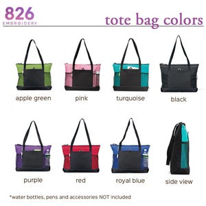 Puede incluir: Una colecci&oacute;n de bolsos tote en varios colores, incluyendo verde manzana, rosa, turquesa, negro, morado, rojo y azul real. Cada bolso tiene una base negra y un asa negra a juego. El texto "tote bag colors" se muestra en la parte superior.