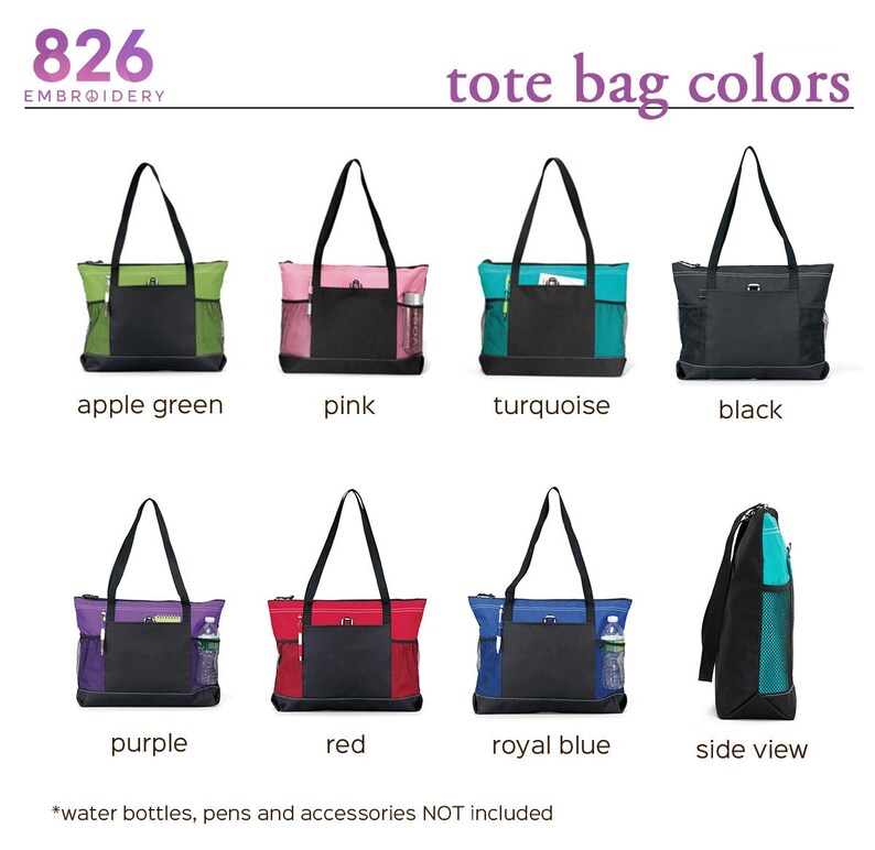 Puede incluir: Una colecci&oacute;n de bolsos tote en varios colores, incluyendo verde manzana, rosa, turquesa, negro, morado, rojo y azul real. Cada bolso tiene una base negra y un asa negra a juego. El texto "tote bag colors" se muestra en la parte superior.