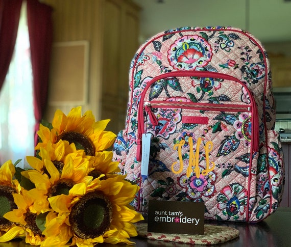 Vera Bradley Campus Tech Backpack Stitched Flowers Personalized