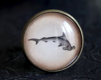 HAMMERHEAD SHARK Adjustable Ring Bronze and Glass Cabochon 20mm Ring Reqin Hammer Superposition Knight's Teeth BGCB040