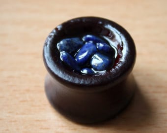 EARR / ear PLUG wood and lapis lazuli 8 10 12 14 16 mm ear cuff gauge yellow stretcher plugs tunnel botanical gauge PLG005