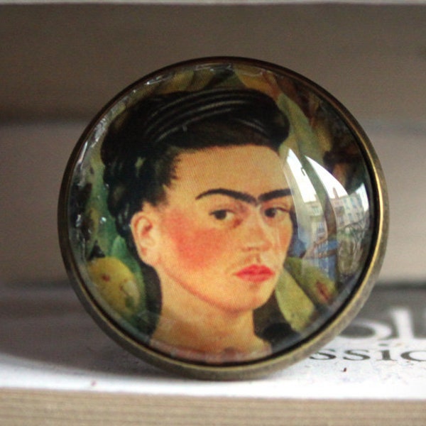 FRIDA KAHLO bague bronze et verre cabochon 20 mm art peinture peintre autoportrait portrait mexique roses frida kahlo  tableau BOCA057