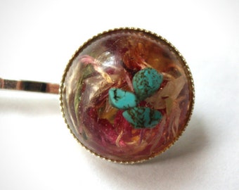 TERRARIUM barrette hair hairpin clip bobby pine resin petals pink beige and turquoise stones wedding round dried flowers BRRE001