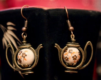 JAPANESE THEIERES earrings bronze teapot porcelain flowers orange brown alice wonderland Hare March BOH007