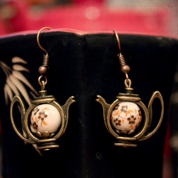 JAPANESE THEIERES earrings bronze teapot porcelain flowers orange brown alice wonderland Hare March BOH007