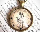 PHASES of the LUNE and hand chiromancia voyance necklace pendant cabochon bronze and glass 25 mm medallion astrology tarot arcane COC040