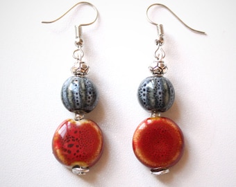 CERAMIC and silver, ethnic earrings, round beige pearl spotted red and striped grey and black pearl, boce008 ceramic