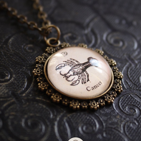 ZODIAQUE signe CANCER cancer collier pendentif bronze et verre cabochon 20mm, astrologie, voyance, destin, COC023