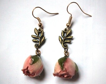 TRUE ROSES flowers golden earrings bronze pink flower bud preserved botanical resin Victorian Gothic BORE069