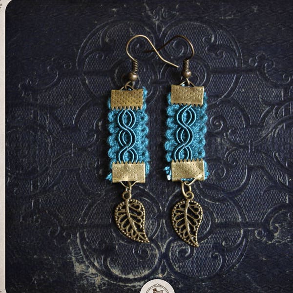 LEAVES earrings bronze fabric stripe trimmings blue leaves BOR014