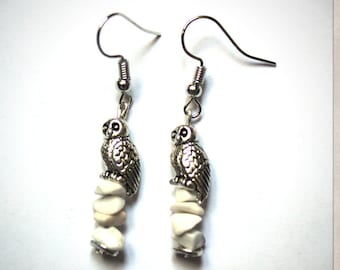 HOWLITE white and OWLS silver earrings lithotherapy psychic protection bird stone chakra 3rd eye raw anchoring BOLI006