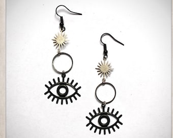 STAR and EYE earrings silver and brass black star sun comet bad eye tarot psychic protection evil eye magic BOO042