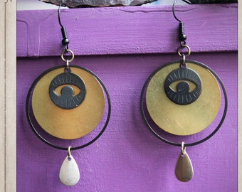 EYE TEAR earrings brass black gold and silver evil eye eyes teardrop protection gothic steampunk goth vintage BOO045