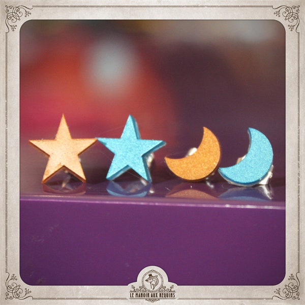 CIEL ETOILE 2 paires lot boucles d'oreilles puces étoile lune minimalistes en résine bleu turquoise beige doré argent minuscules enfant