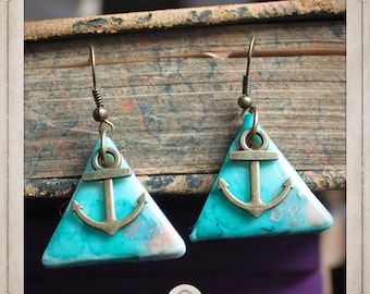 ANCHORS MARINE earrings blue bronze triangle alcohol ink nautical sea glass ocean wave compass pink winds BOFI002