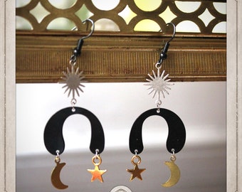 PLANETS earrings in brass black gold and silver moon star comet sun zodiac tarot astrology astronomy sign gold u BOO041