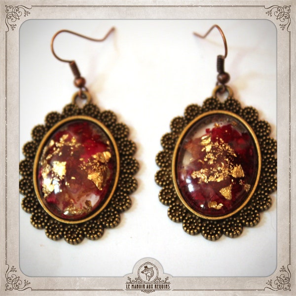 TERRARIUM boucles d'oreilles vraies fleurs pétales rose feuille d'or bronze ovales résine transparente steampunk médaillon camée BORE053