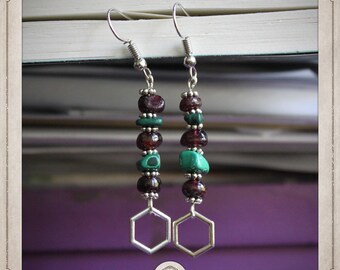 GRENATS and MALACHITE silver earrings lithotherapy psychic protection hexagon geometric chakra root anchor raw BOLI009