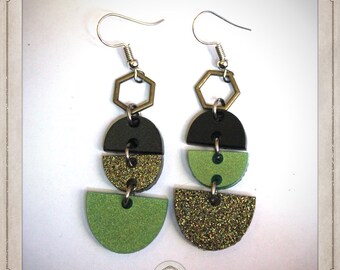 80's geometric ASYMMETRIC earrings green black glitter half moon round block color maximalists retro resin BORE073