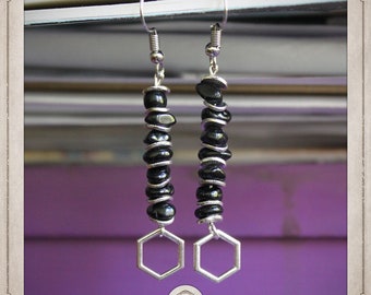 TOURMALINE black silver earrings lithotherapy psychic protection empath hexagon geometric chakra root anchor raw BOLI009