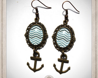 ANCRES MARINES boucles d'oreilles cabochons bleues blanches rayées chevrons bronze verre ancres ovales mer océan bretagne bretonne BOCB038