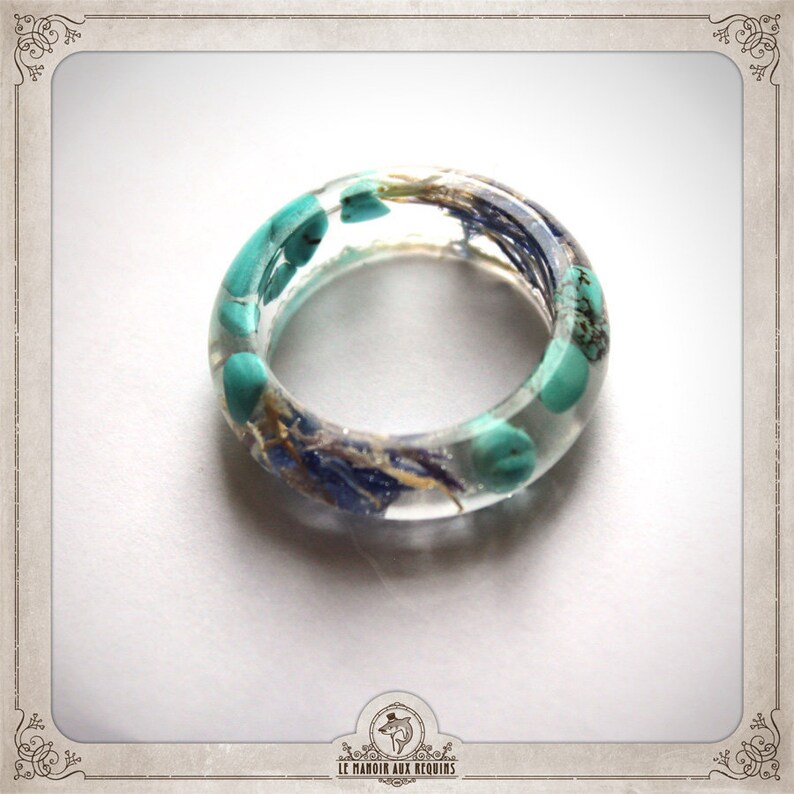 TERRARIUM botanical ring resin flowers petals blue violet dried stones turquoise plants pressed botanical Lavender Moss BGRE022