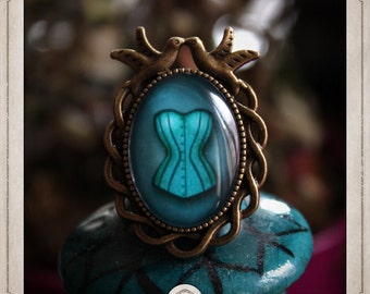 CORSET blue adjustable ring burlesque cabochon bronze and glass 18x25mm birds corset BGCB054