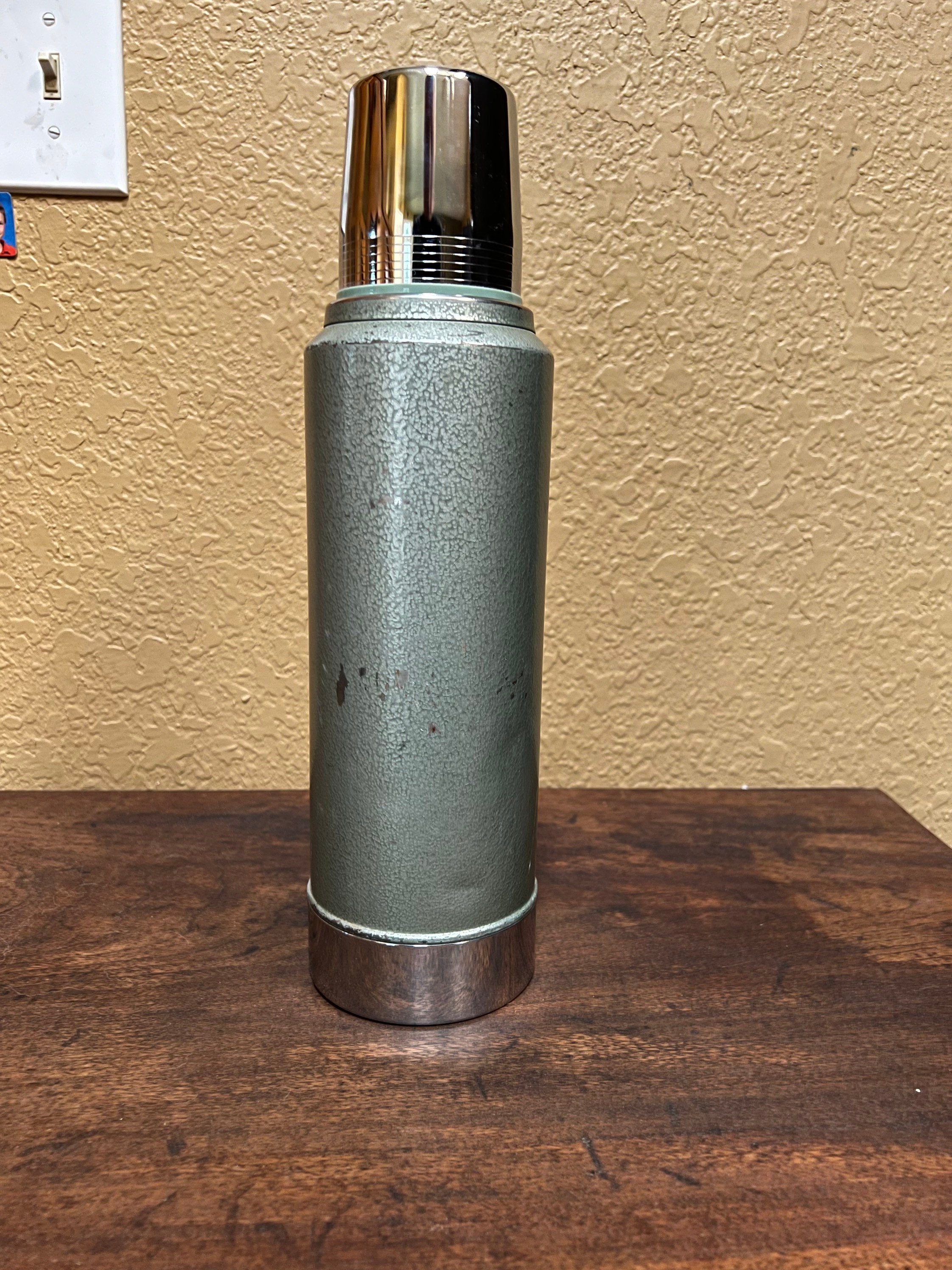Green Metal Aladdin Stanley Thermos, Vintage Camping Gear - Mendez Manor