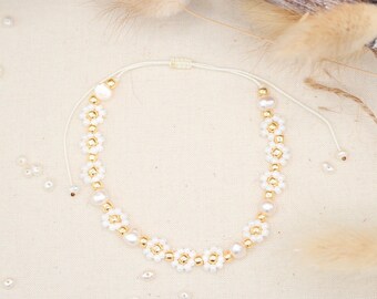 Bracciale/cavigliera in madreperla dorata con perle d'acqua dolce e margherita - HannischJewelry