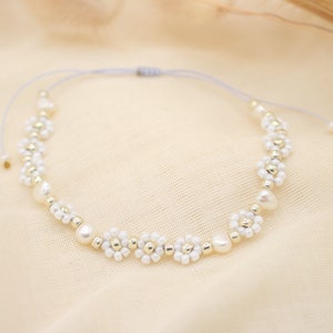 Silver White Pearls Daisy Freshwater Pearls Bracelet/Anklet - TinyLittlePiecesShop