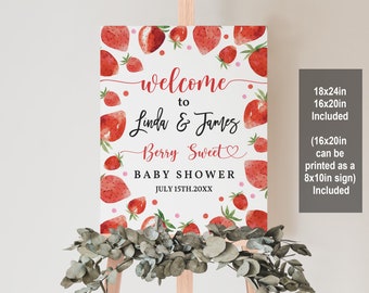 Strawberry baby shower welcome sign Berry Sweet Baby Shower Sprinkle Welcome Poster Editable Printable Girl Template Download Bab181