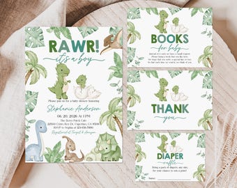 Puede incluir: Un conjunto de cuatro tarjetas imprimibles para un baby shower. Las tarjetas presentan un tema de dinosaurio verde y azul con el texto "RAWR! Es un niño", "Libros para bebé", "Gracias" y "Rifa de pañales".