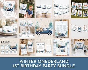 May include: A collection of winter-themed party supplies with a blue truck carrying woodland animals. Includes invitations, cupcake toppers, banners, and signs. The text "Winter Onederland" and "1st Birthday Party Bundle" are displayed.
